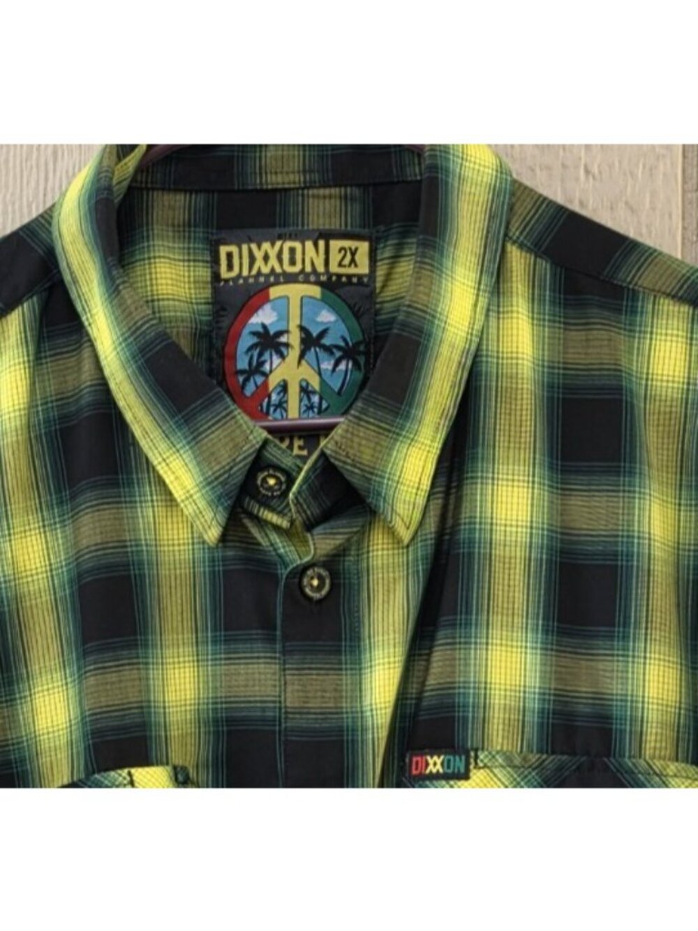 Dixxon Short Sleeved Bamboo Shirt Size 2X Hope Rd Lime Green Plaid Button Front - Picture 3 of 4